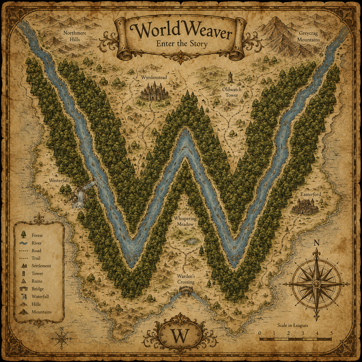 An antique WorldWeaver map whose river and forests form a capital W